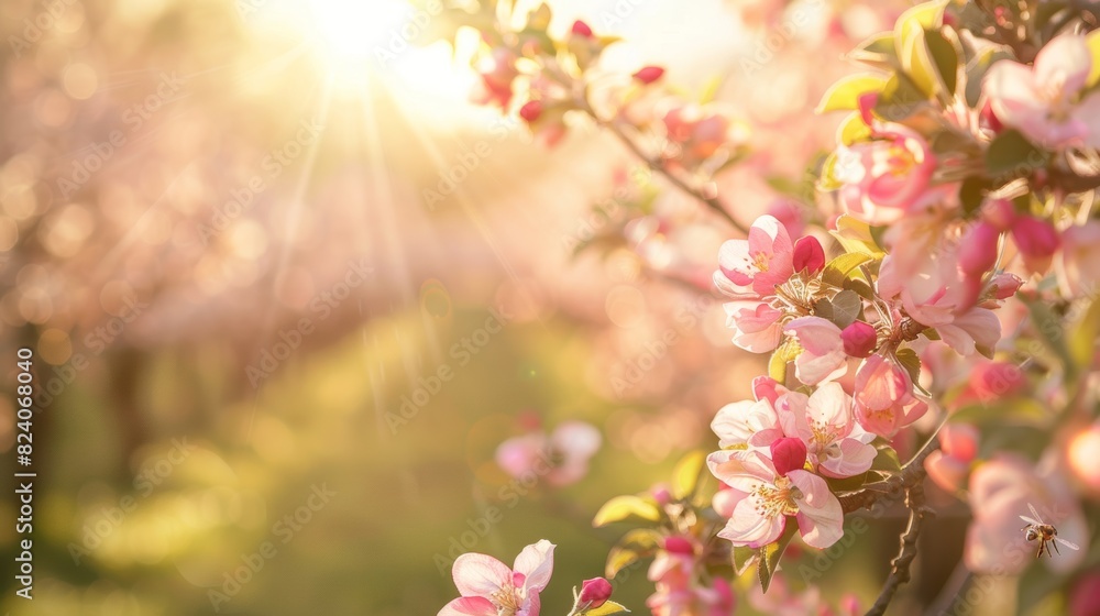 Picturesque apple orchard in full bloom during the vibrant colors of spring, with rows of blossoming trees stretching into the distance, bees buzzing among the flowers Picturesque apple orchard in full bloom during the vibrant colors of spring, with rows of blossoming trees stretching into the distance, bees buzzing among the flowers