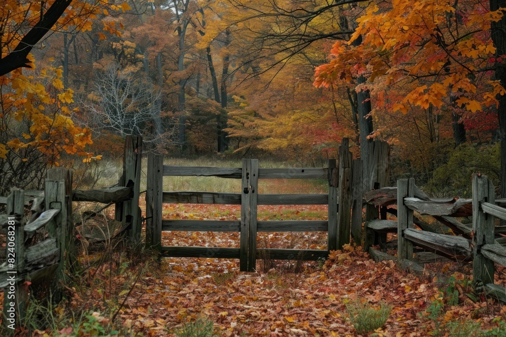 Serene autumn scene with a wooden gate surrounded by colorful fall leaves Serene autumn scene with a wooden gate surrounded by colorful fall leaves