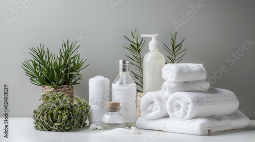 Various spa and skincare products with rolled towels and green plants on a white surface.