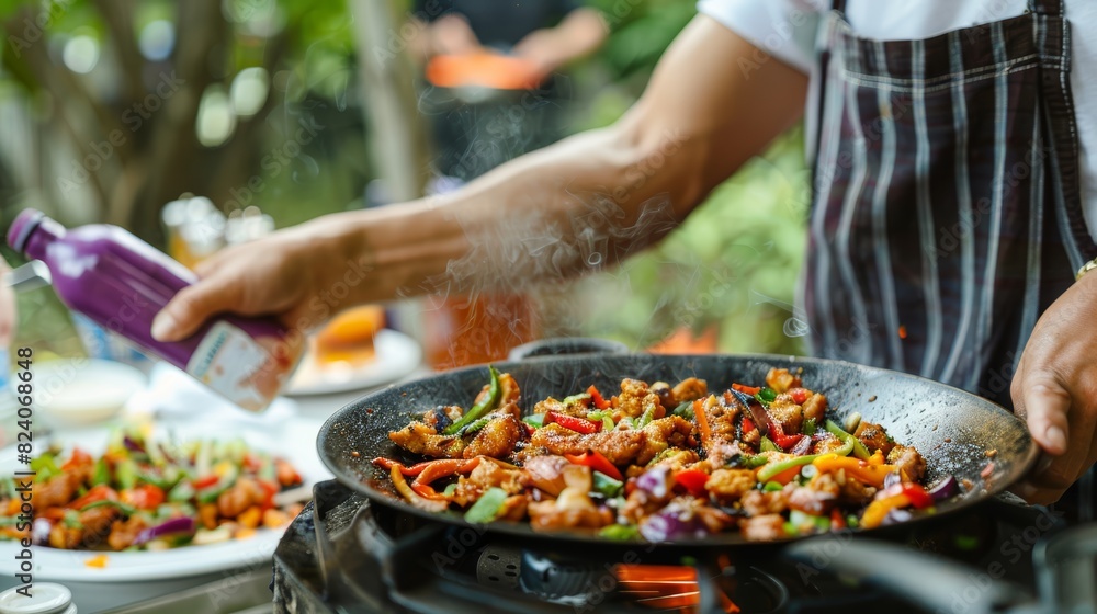 Chef cooking grilled meat and vegetables in a pan with sauce. Close-up of outdoor barbecue.