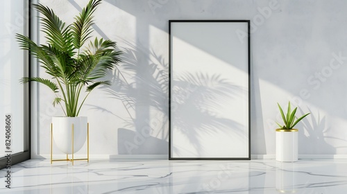 Sleek and contemporary empty wall frame mockup with a glossy black frame  making a bold statement.