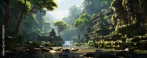 tropical rainforest river landscape with mysterious temple ruins