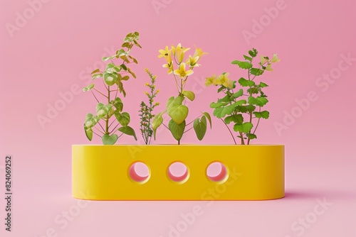 Yellow power strip with three empty slots and plants growing out of the holes, isolated on a pink background photo