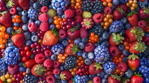 A vivid overhead shot of an assorted mix of colorful berries including strawberries, blueberries