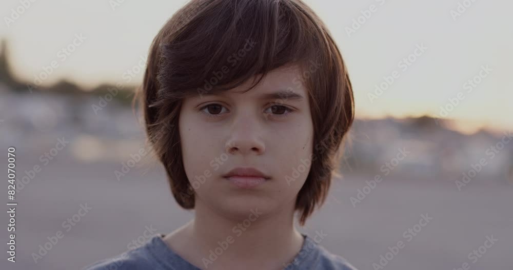 A young boy with long hair stands outdoors, looking directly at the camera with a serious expression on his face. A young boy with long hair stands outdoors, looking directly at the camera with a serious expression on his face.