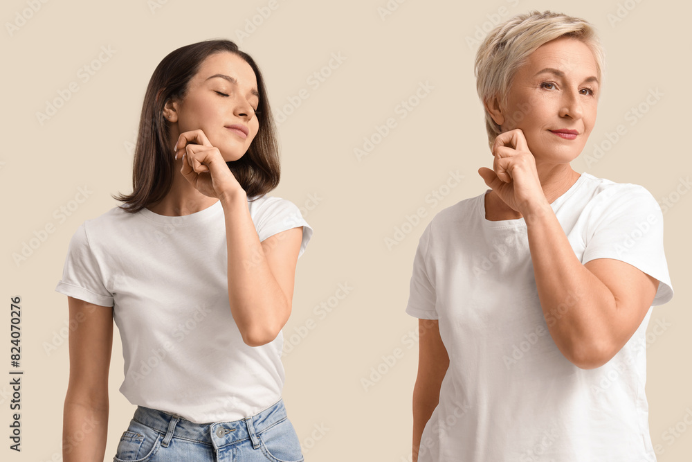 Beautiful women doing face building exercise on beige background Beautiful women doing face building exercise on beige background