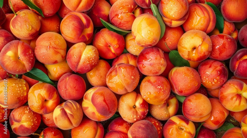 Top view of a background filled with fresh ripe peaches, showcasing their vibrant orange color and juicy texture Top view of a background filled with fresh ripe peaches, showcasing their vibrant orange color and juicy texture