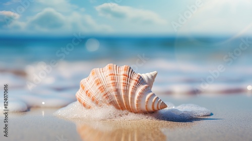 A large shell is laying on the sand near the water © GenBy
