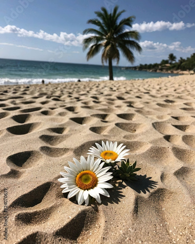 Dos flores margaritas sobre la arena en una playa con el mar y una palmera de fondo 