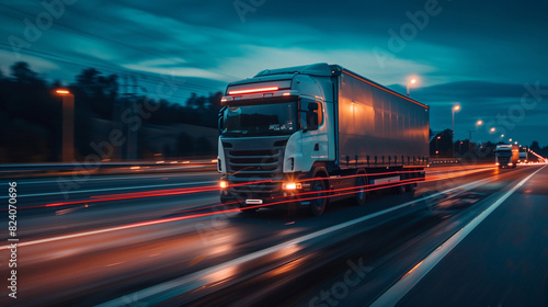 modern freight truck driving by highway at night, blurred motion, logistics and delivery shipping concept