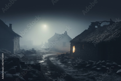 Mystical Foggy Night in an Old Village with Moonlight Shining Over Abandoned Houses photo