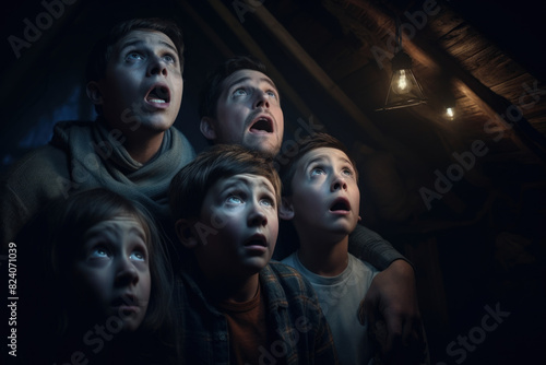 A group of children gaze upward in terror, their faces illuminated by a ghostly light, captivated by an unseen horror.