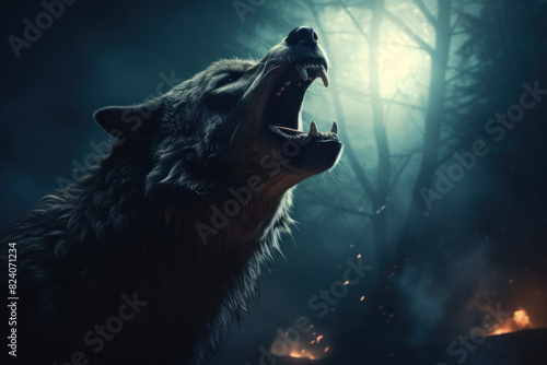 A fearsome wolf howls beneath a ghostly moon, unleashing primal fury in a hauntingly misty woodland.