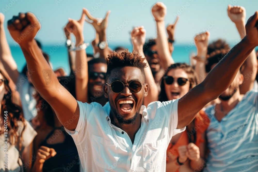 Cheerful african american man in sunglasses and white t-shirt rejoicing while dancing with friends on the beach Cheerful african american man in sunglasses and white t-shirt rejoicing while dancing with friends on the beach