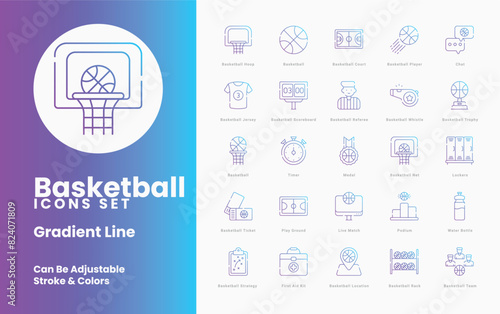 basket ball icons collection. Set contains such Icons as Basketball, Hoop, Backboard, Net, Court, Player, Dribble, Slam Dunk, Three-pointer, Free Throw, and more