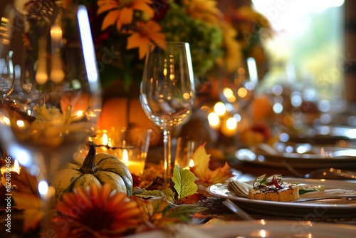 Elegant thanksgiving table arrangement with flowers and candles creating a cozy atmosphere