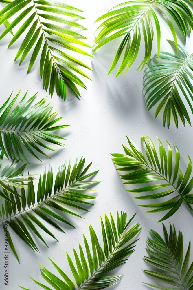 Lush green tropical palm leaves arranged on a white background, casting natural shadows. Ideal for nature, botanical, and tropical themes, creating a fresh and vibrant aesthetic Lush green tropical palm leaves arranged on a white background, casting natural shadows. Ideal for nature, botanical, and tropical themes, creating a fresh and vibrant aesthetic