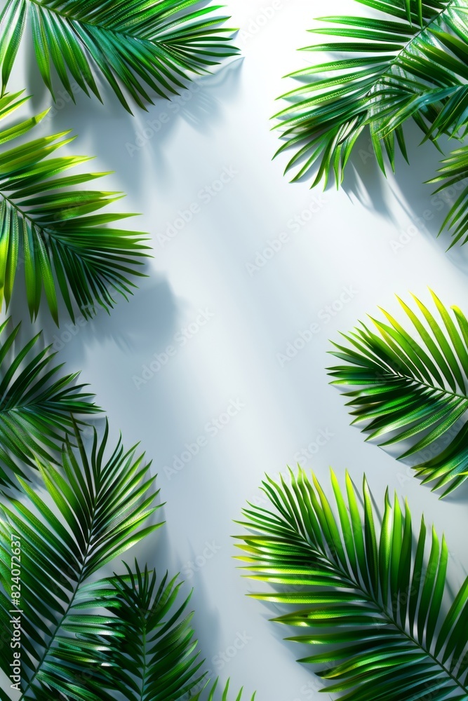 Lush green tropical palm leaves arranged on a white background, casting natural shadows. Ideal for nature, botanical, and tropical themes, creating a fresh and vibrant aesthetic Lush green tropical palm leaves arranged on a white background, casting natural shadows. Ideal for nature, botanical, and tropical themes, creating a fresh and vibrant aesthetic