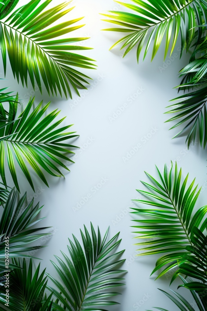 Lush green tropical palm leaves arranged on a white background, casting natural shadows. Ideal for nature, botanical, and tropical themes, creating a fresh and vibrant aesthetic Lush green tropical palm leaves arranged on a white background, casting natural shadows. Ideal for nature, botanical, and tropical themes, creating a fresh and vibrant aesthetic