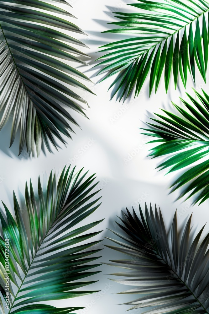 Lush green tropical palm leaves arranged on a white background, casting natural shadows. Ideal for nature, botanical, and tropical themes, creating a fresh and vibrant aesthetic Lush green tropical palm leaves arranged on a white background, casting natural shadows. Ideal for nature, botanical, and tropical themes, creating a fresh and vibrant aesthetic