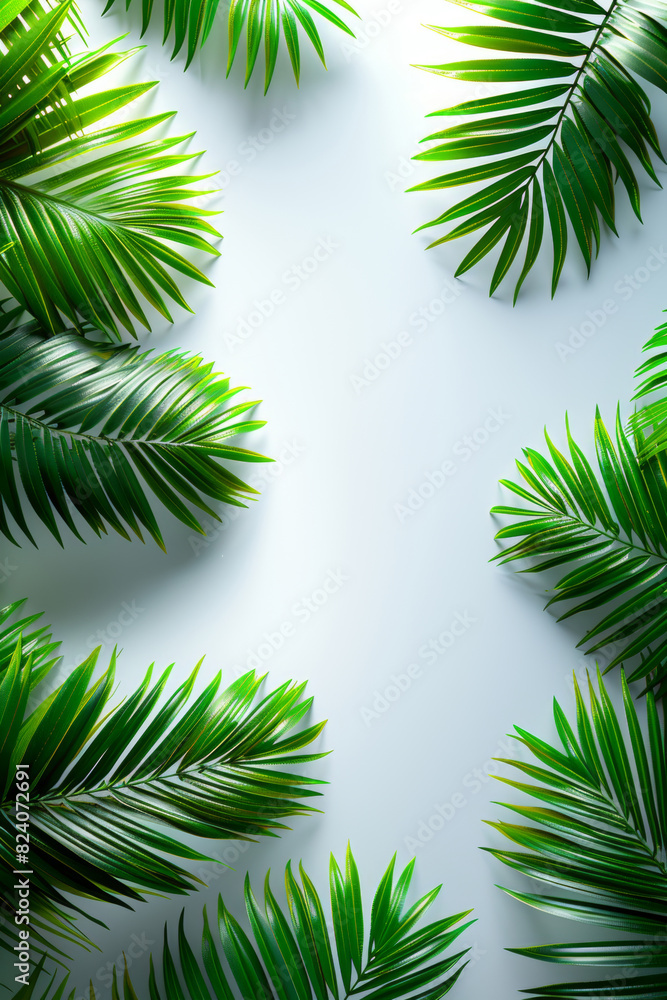 Lush green tropical palm leaves arranged on a white background, casting natural shadows. Ideal for nature, botanical, and tropical themes, creating a fresh and vibrant aesthetic Lush green tropical palm leaves arranged on a white background, casting natural shadows. Ideal for nature, botanical, and tropical themes, creating a fresh and vibrant aesthetic