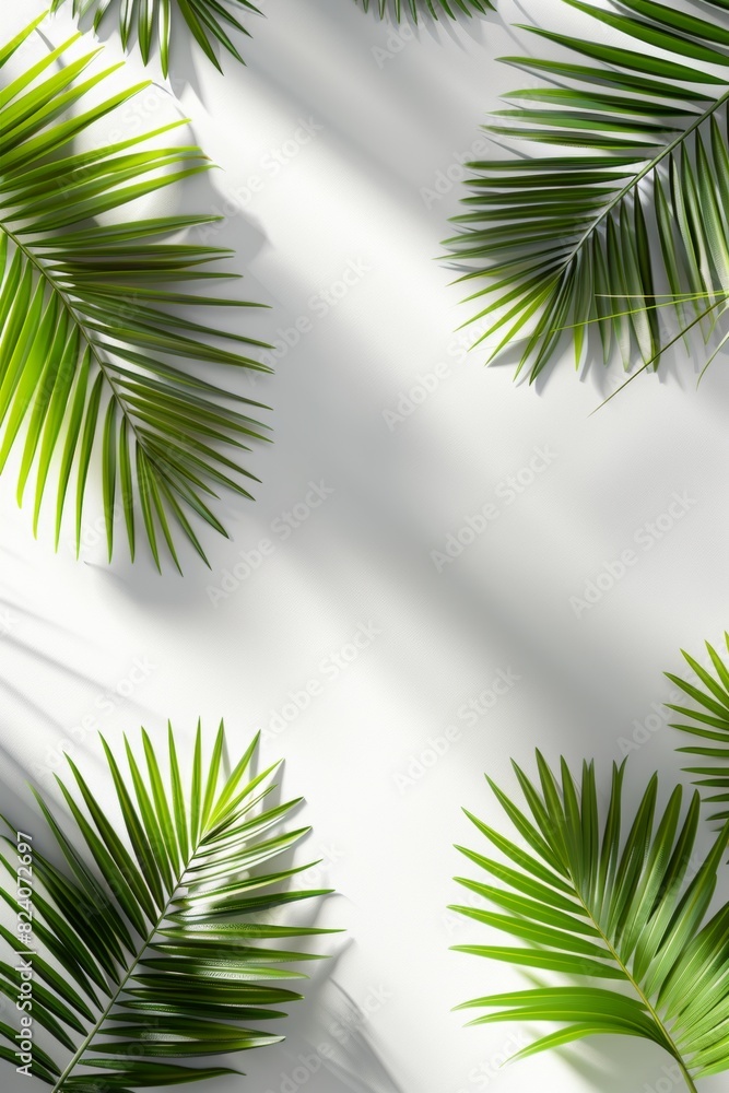 Lush green tropical palm leaves arranged on a white background, casting natural shadows. Ideal for nature, botanical, and tropical themes, creating a fresh and vibrant aesthetic Lush green tropical palm leaves arranged on a white background, casting natural shadows. Ideal for nature, botanical, and tropical themes, creating a fresh and vibrant aesthetic