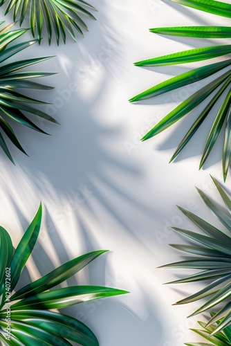 Lush green tropical palm leaves arranged on a white background, casting natural shadows. Ideal for nature, botanical, and tropical themes, creating a fresh and vibrant aesthetic