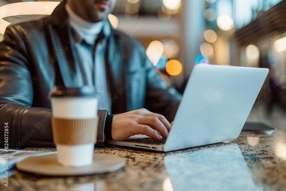 A man is typing on a laptop while holding a cup of coffee A man is typing on a laptop while holding a cup of coffee