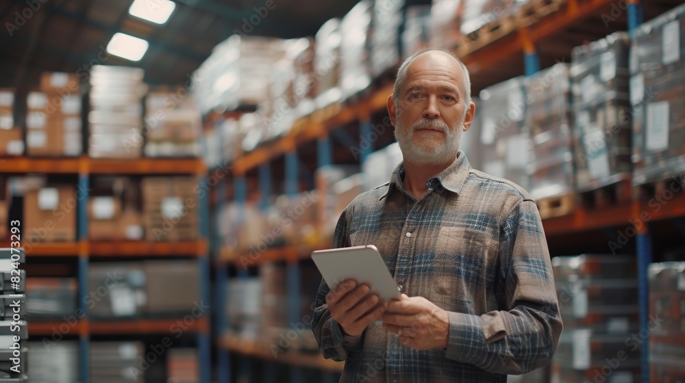 Fototapeta premium Warehouse Accounting - Middle Aged Man Stand Storehouse with Tablet Computer and Check Presence of Goods 