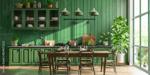 Design de interiores  de cozinha com parede verde escura aconchegante, sala de jantar photo