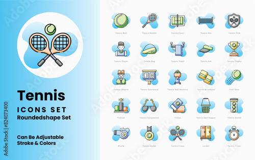 Tennis icons collection. Set contains such Icons as Racket, Ball, Net, Court, Serve, Volley, Smash, Forehand, Backhand, Match, Set, Game, Tie-break, Ace, Baseline, Double Fault, Grand Slam, and more