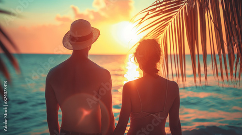 couple on the beach at sunset in the summer 