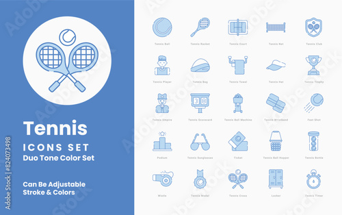Tennis icons collection. Set contains such Icons as Racket, Ball, Net, Court, Serve, Volley, Smash, Forehand, Backhand, Match, Set, Game, Tie-break, Ace, Baseline, Double Fault, Grand Slam, and more