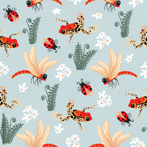Wild animal seamless pattern with cartoon frog dragonfly and ladybug.Floral background with fern  chamomile.Colorfull print on fabric and paper.Vector design for nursery wall decor wallpaper cover.