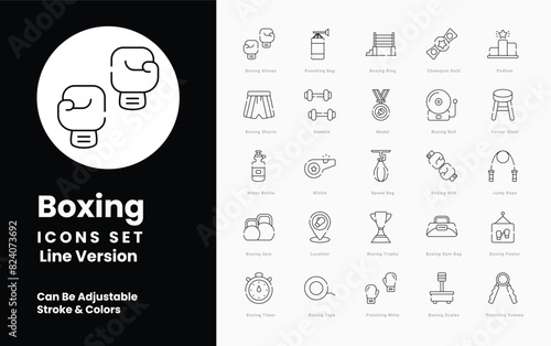 Boxing icons collection. Set contains such Icons as Gloves, Ring, Knockout, Jab, Uppercut, Hook, Punch, Sparring, Heavyweight, Lightweight, and more