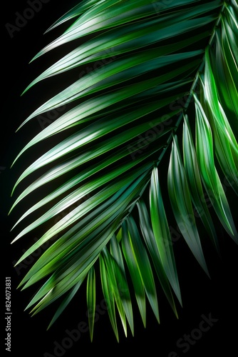 Green tropical palm leaves against a dark background  casting shadows and creating a vibrant  lush appearance. Poster and banner