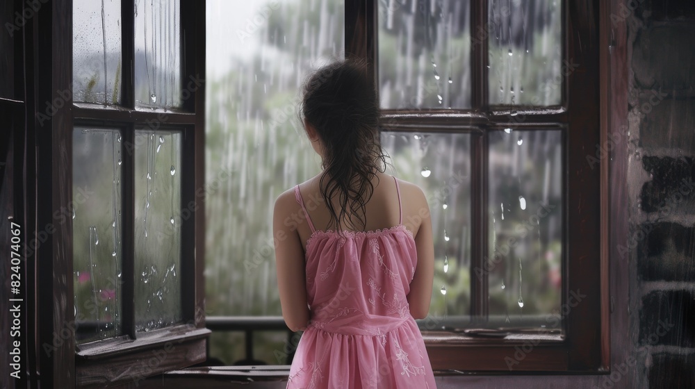 A child in a pink dress stands by a rainy window, a somber mood as raindrops streak the glass.