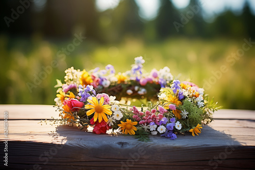 A colorful flower wreath, summer solstice symbol, midsummer celebration