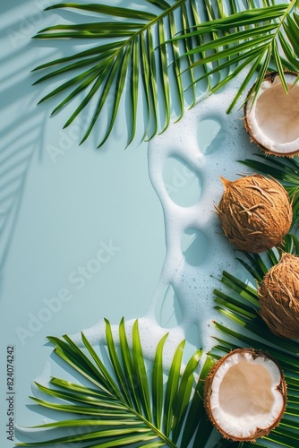 Tropical palm leaves and a halved coconut on a sandy beach with light blue water and foam. A serene and exotic scene perfect for tropical, nature, and vacation themes