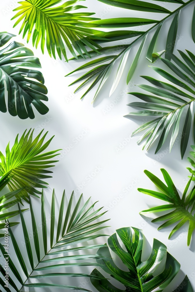 Lush green tropical palm leaves arranged on a white background, casting natural shadows. Ideal for nature, botanical, and tropical themes, creating a fresh and vibrant aesthetic Lush green tropical palm leaves arranged on a white background, casting natural shadows. Ideal for nature, botanical, and tropical themes, creating a fresh and vibrant aesthetic