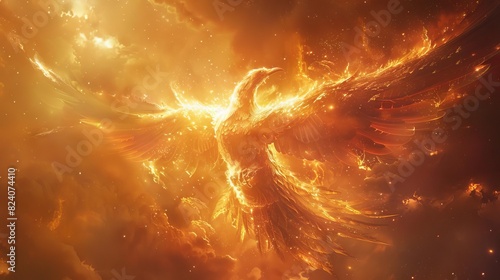 Describe a powerful phoenix rising from its own ashes, surrounded by flames and radiant light, Close up photo