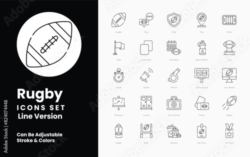 Rugby icons collection. Set contains such Icons as Rugby Ball, Scrum, Lineout, Try, Tackle, Conversion, Goalpost, Scrum Cap, Rugby Boots, and more