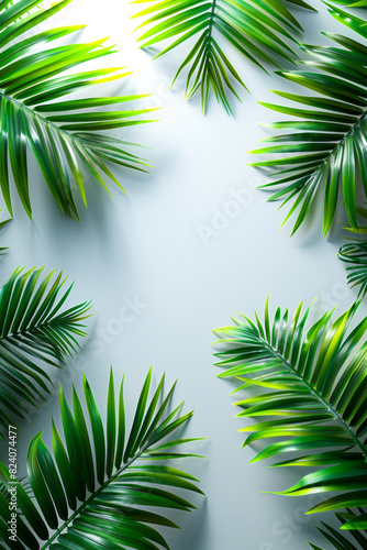 Lush green tropical palm leaves arranged on a white background  casting natural shadows. Ideal for nature  botanical  and tropical themes  creating a fresh and vibrant aesthetic
