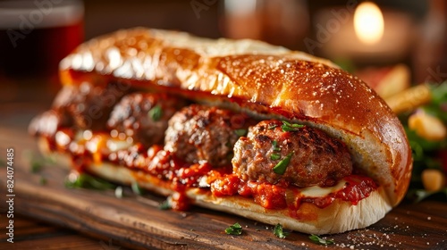 Describe a rich and savory meatball sub with juicy meatballs, marinara sauce, and melted mozzarella cheese on a toasted sub roll, Close up photo