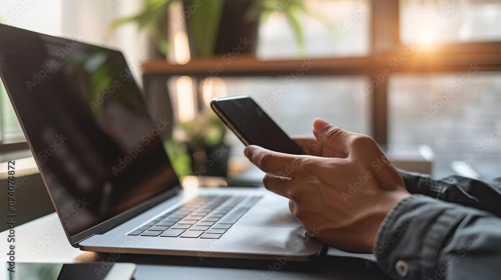 A person is using a laptop and a cell phone at the same time A person is using a laptop and a cell phone at the same time