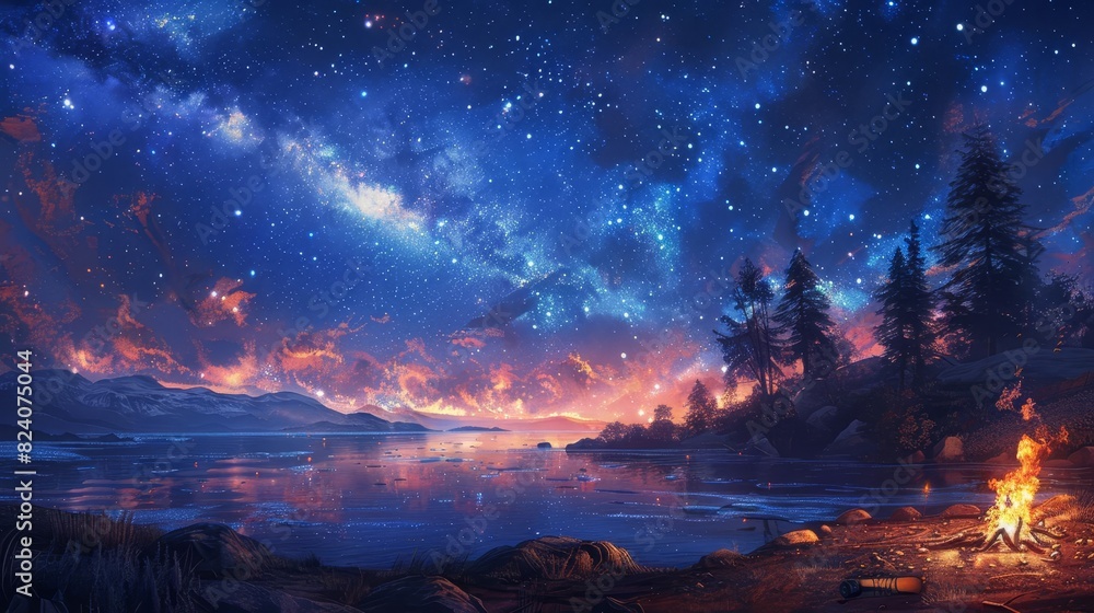 Describe a serene scene of stargazing by a campfire, with the flickering flames and the vast, starlit sky creating a magical atmosphere, Close up Describe a serene scene of stargazing by a campfire, with the flickering flames and the vast, starlit sky creating a magical atmosphere, Close up