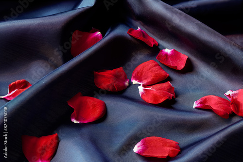 Bright red rose petals on black silk fabric.