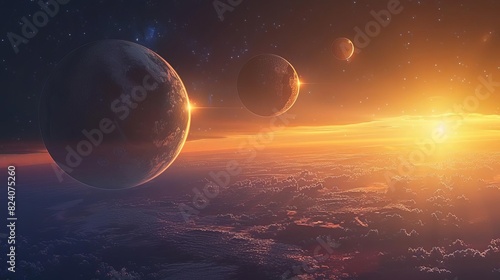Describe a serene scene where planets align in a perfect line  creating a rare and beautiful celestial phenomenon  Close up