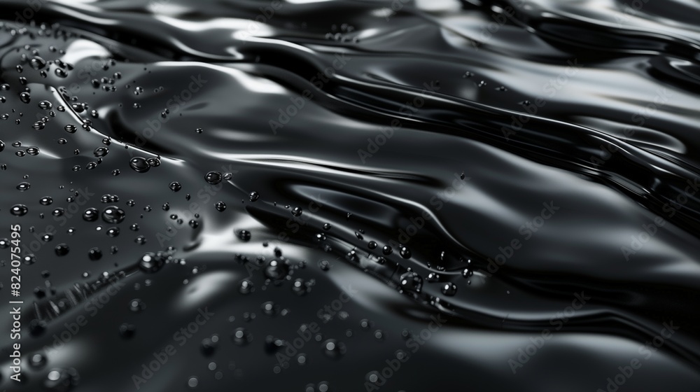 Black liquid flowing, with droplets and bubbles on the surface, against a dark background. Black liquid flowing, with droplets and bubbles on the surface, against a dark background.