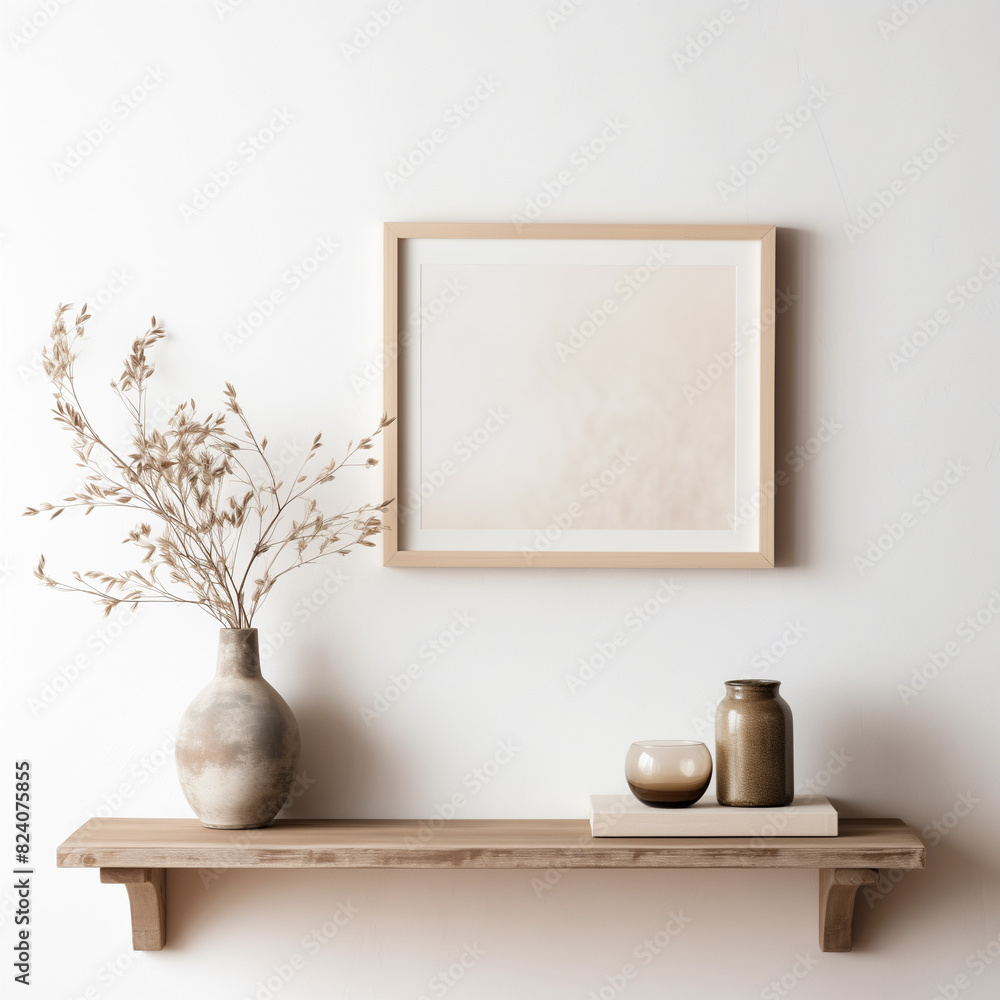A mockup of a frame for showcasing designs, the frame is standing on a table and leaning against the wall. Behind it, the frame is empty, with walls in light colors. A mockup of a frame for showcasing designs, the frame is standing on a table and leaning against the wall. Behind it, the frame is empty, with walls in light colors.